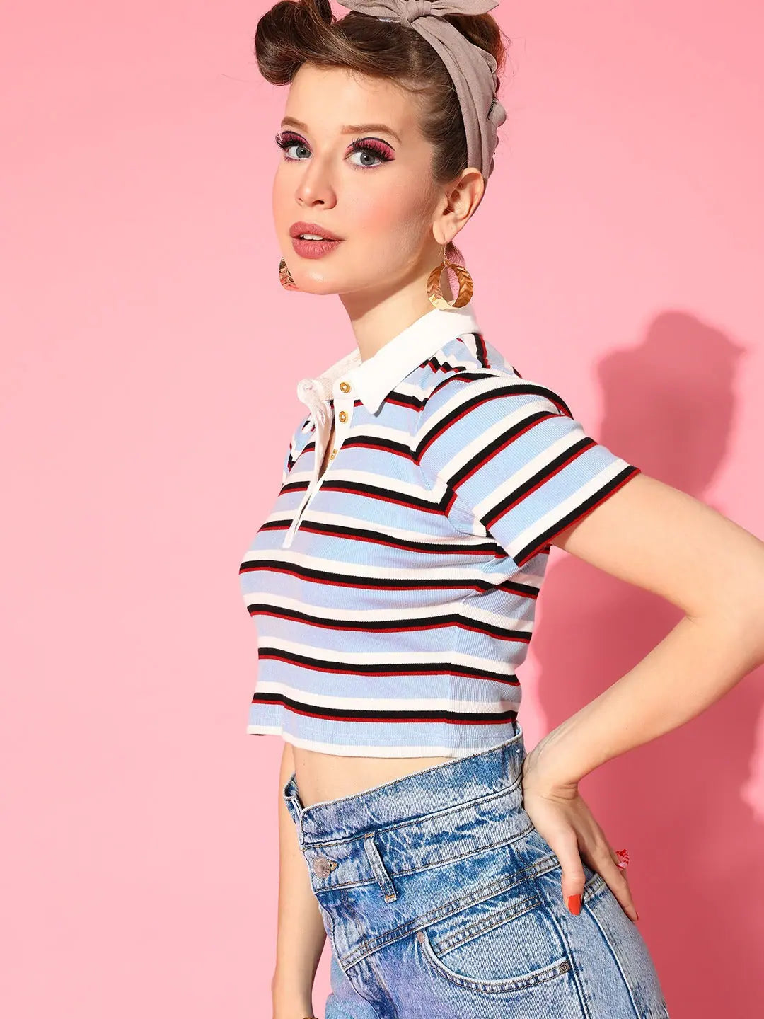 Blue Striped Crop Polo - Women's Casual Cotton T-Shirt