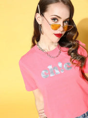 Women Pink CHIC Crop Slim Fit Crop T-Shirt
