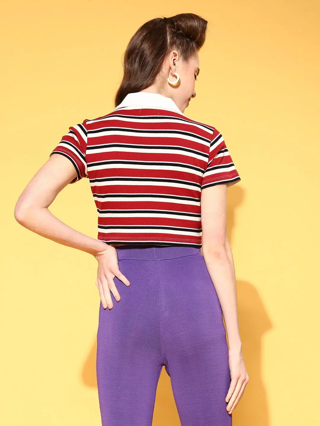 Red Striped Crop Polo T-Shirt - Women's Slim Fit Top
