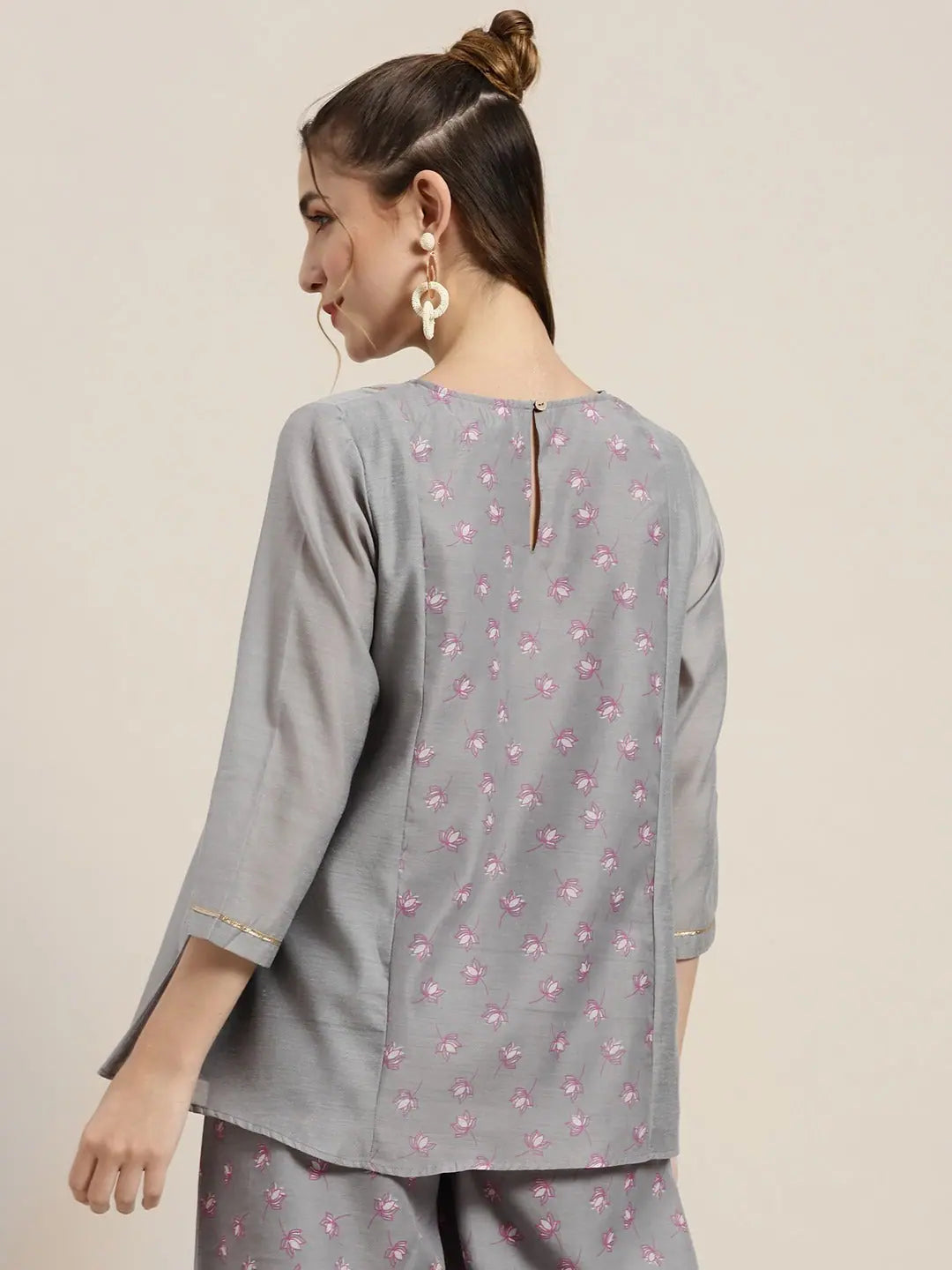 Grey Lotus A-Line Top - Women's Designer Chanderi Top