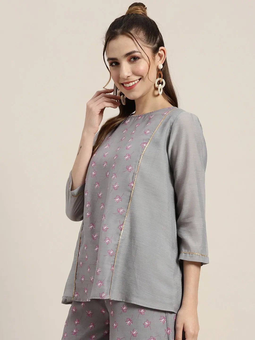 Grey Lotus A-Line Top - Women's Designer Chanderi Top
