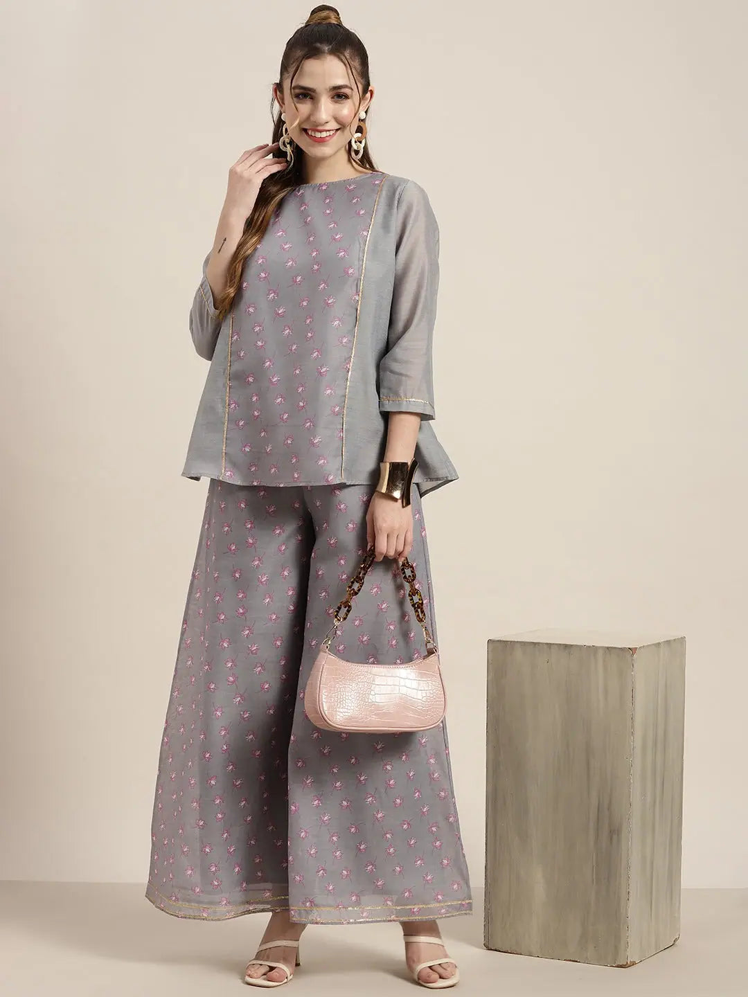 Grey Lotus A-Line Top - Women's Designer Chanderi Top