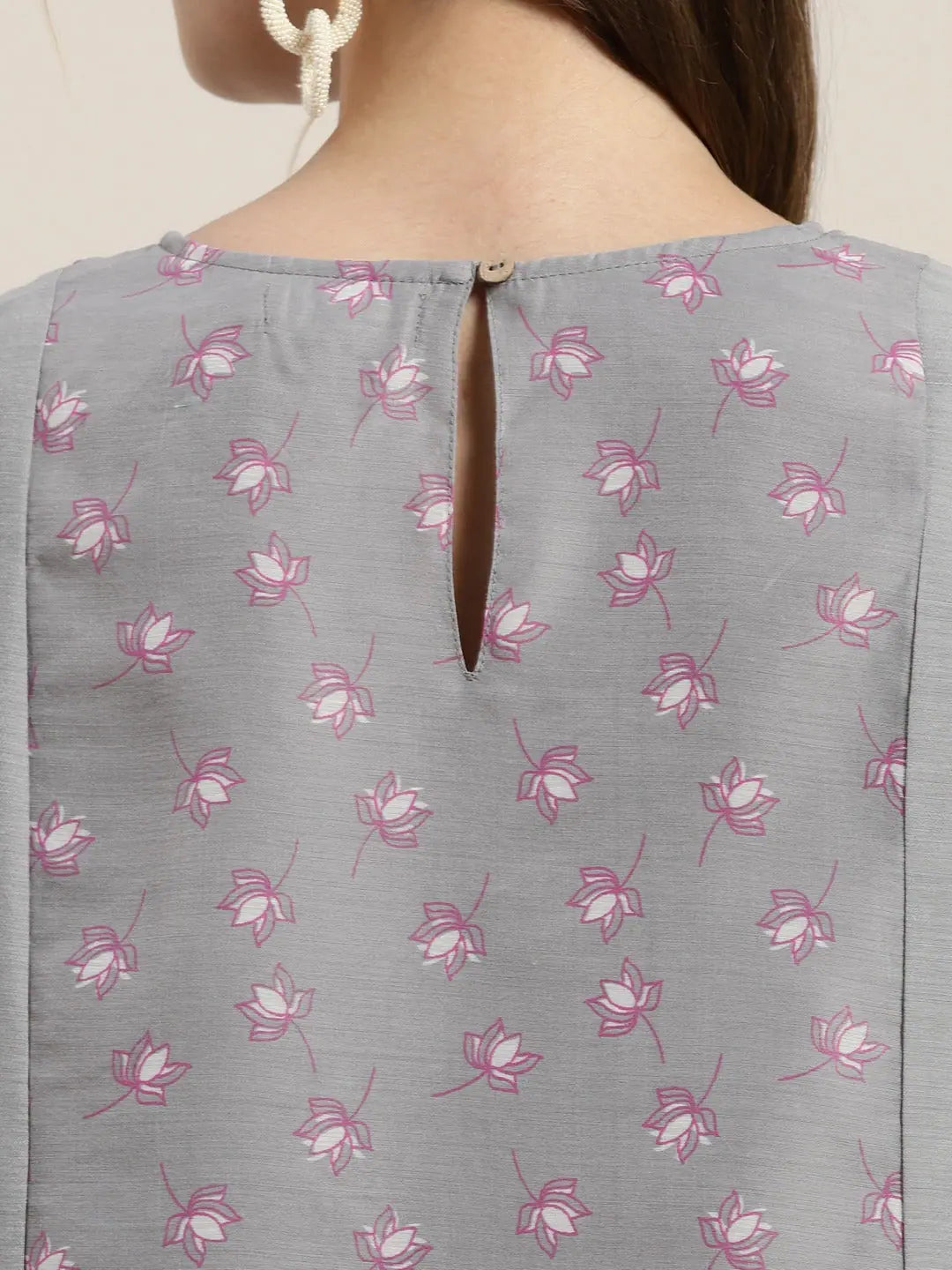 Grey Lotus A-Line Top - Women's Designer Chanderi Top