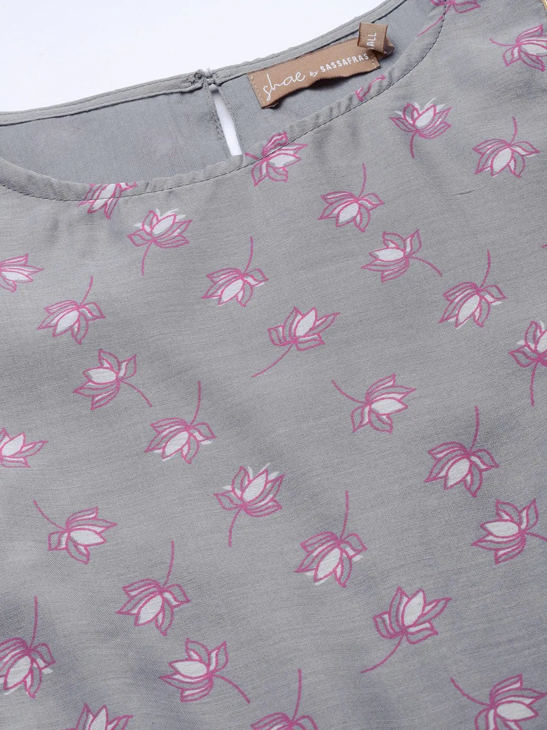 Grey Lotus A-Line Top - Women's Designer Chanderi Top