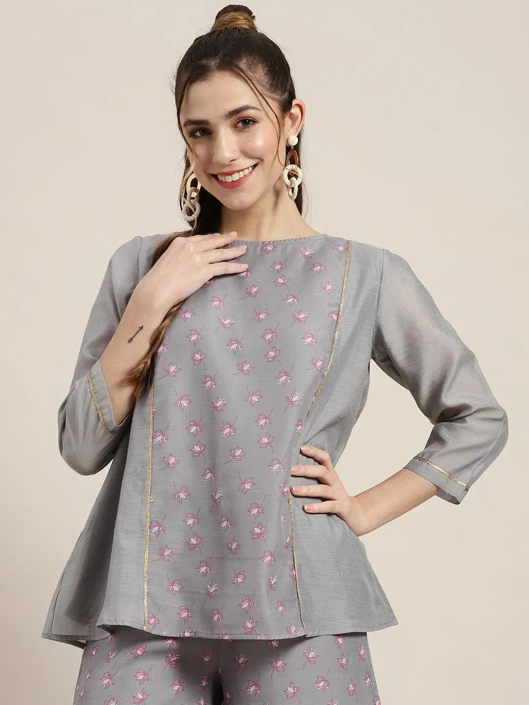 Grey Lotus A-Line Top - Women's Designer Chanderi Top