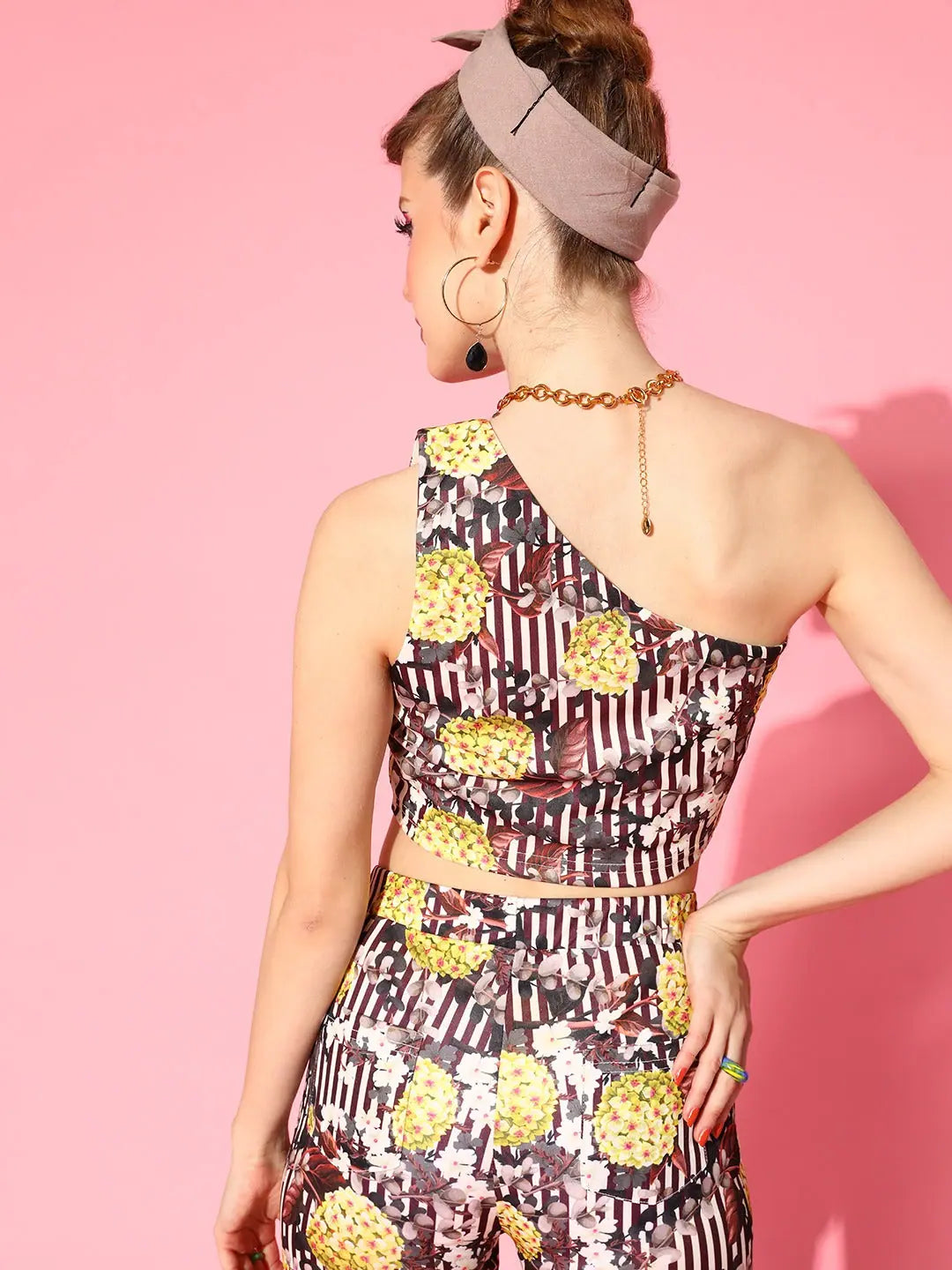 Brown Floral One Shoulder Crop Top - Women's Lehenga Style