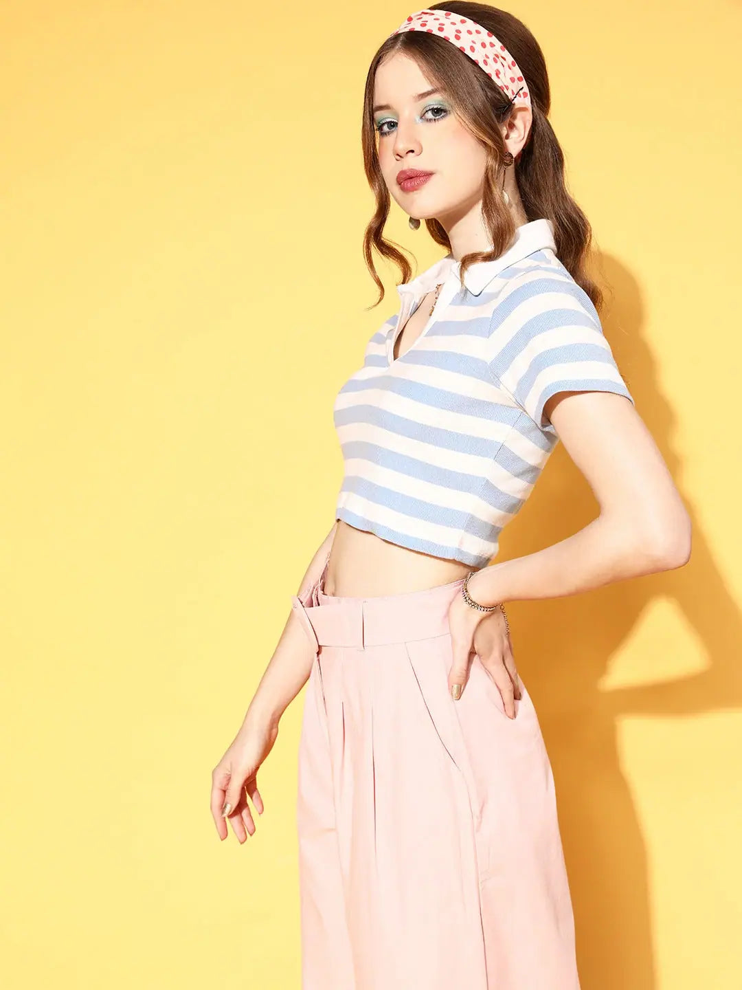 Blue & White Striped Crop Polo: Stylish Women's Top