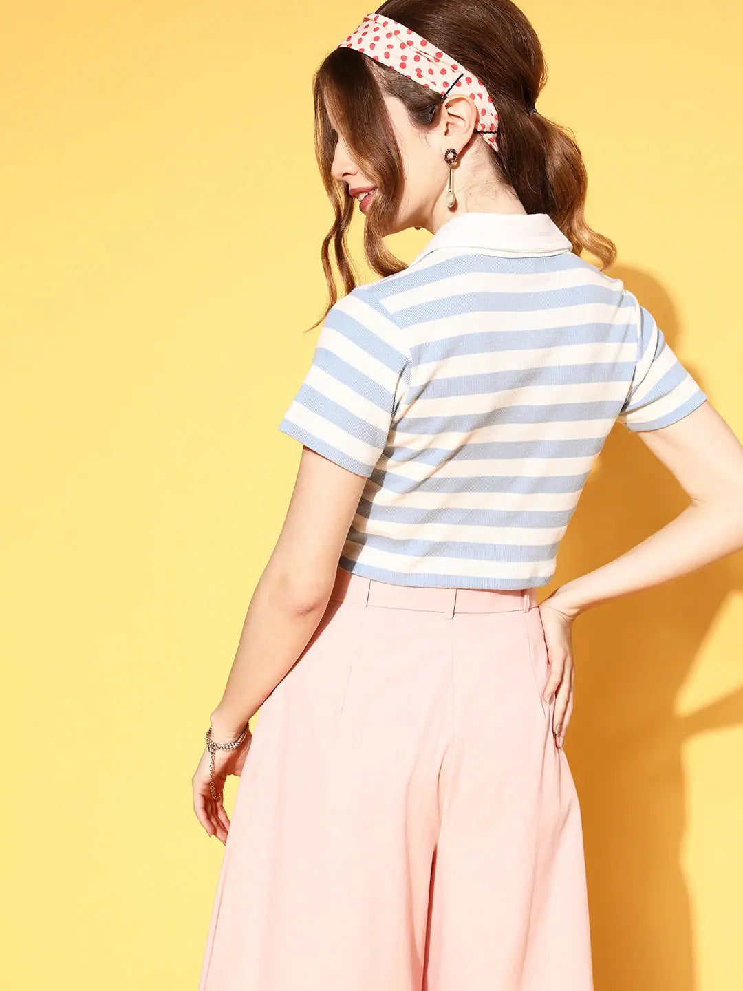 Blue & White Striped Crop Polo: Stylish Women's Top