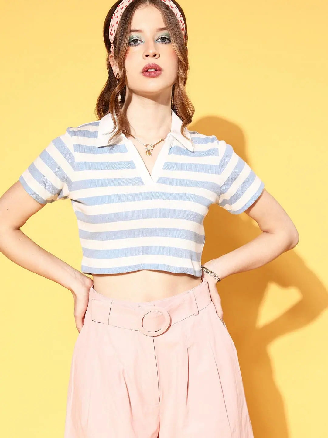 Blue & White Striped Crop Polo: Stylish Women's Top