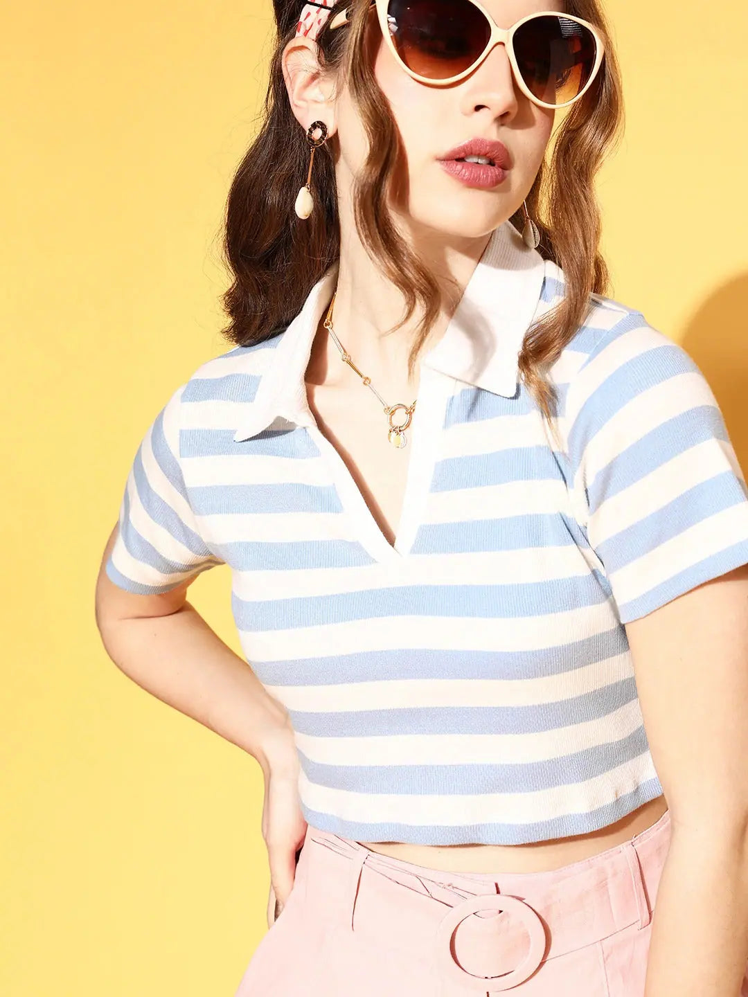 Blue & White Striped Crop Polo: Stylish Women's Top
