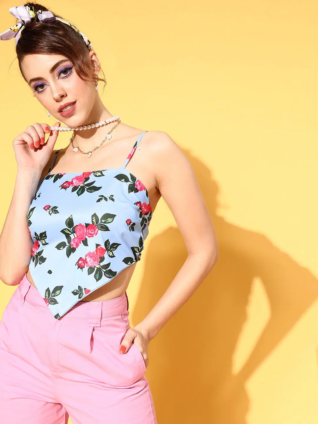 Blue Floral Strappy Scarf Top | Poly Knit, Comfort Fit Women
