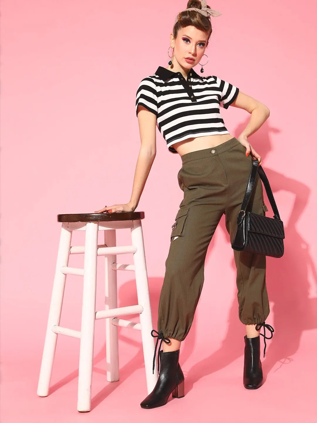 Black & White Striped Crop Polo T-Shirt for Women | Cotton