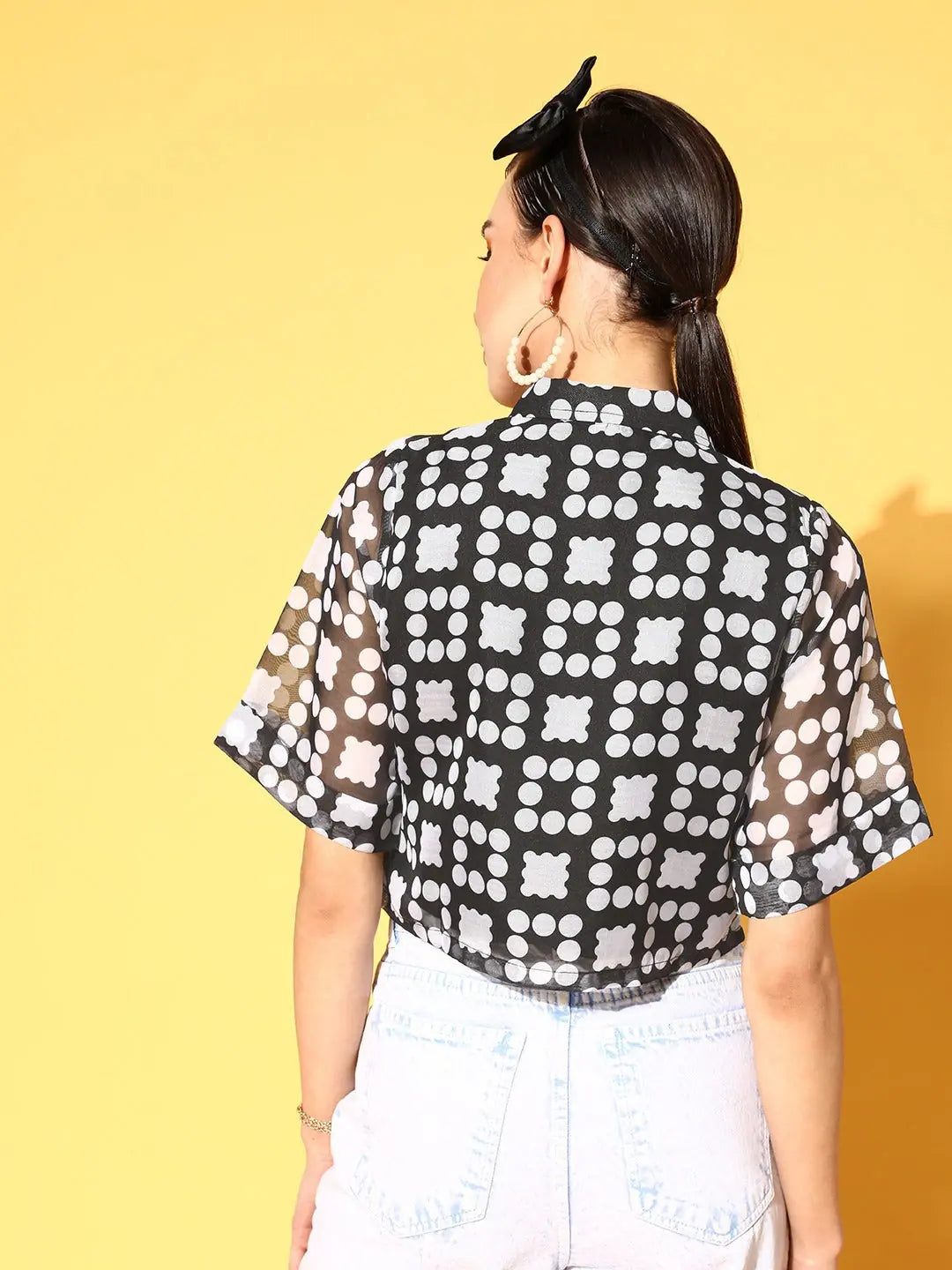 Black Dot Print Crop Top: Women's Tie-Knot Organza Top