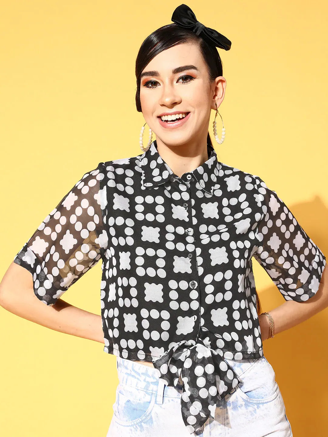 Black Dot Print Crop Top: Women's Tie-Knot Organza Top