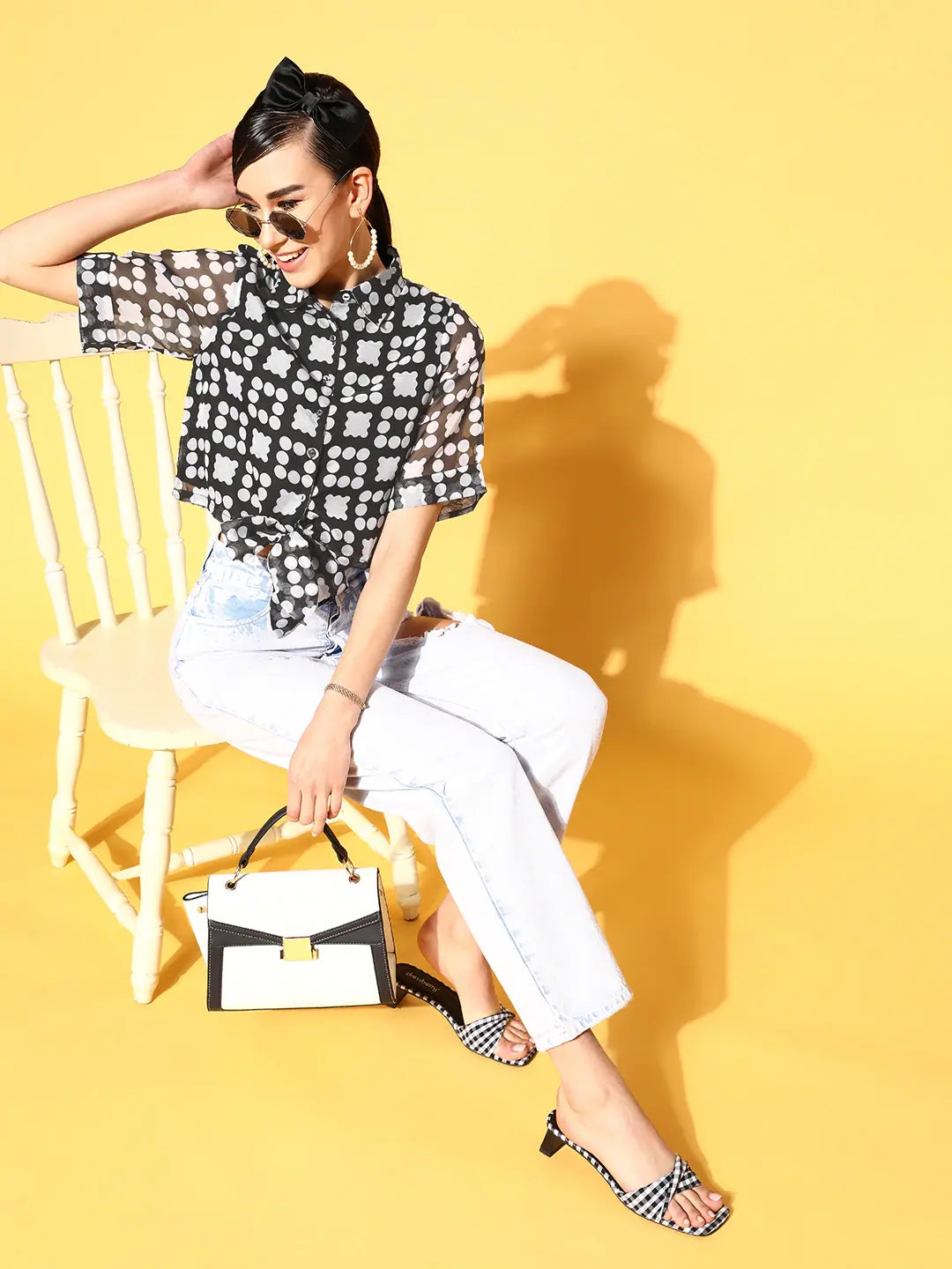 Black Dot Print Crop Top: Women's Tie-Knot Organza Top