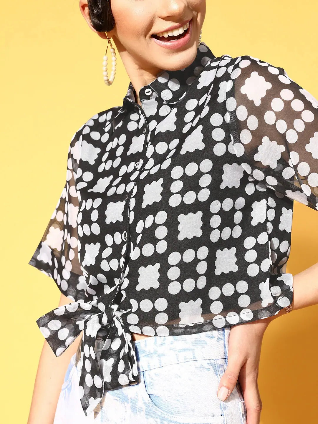 Black Dot Print Crop Top: Women's Tie-Knot Organza Top