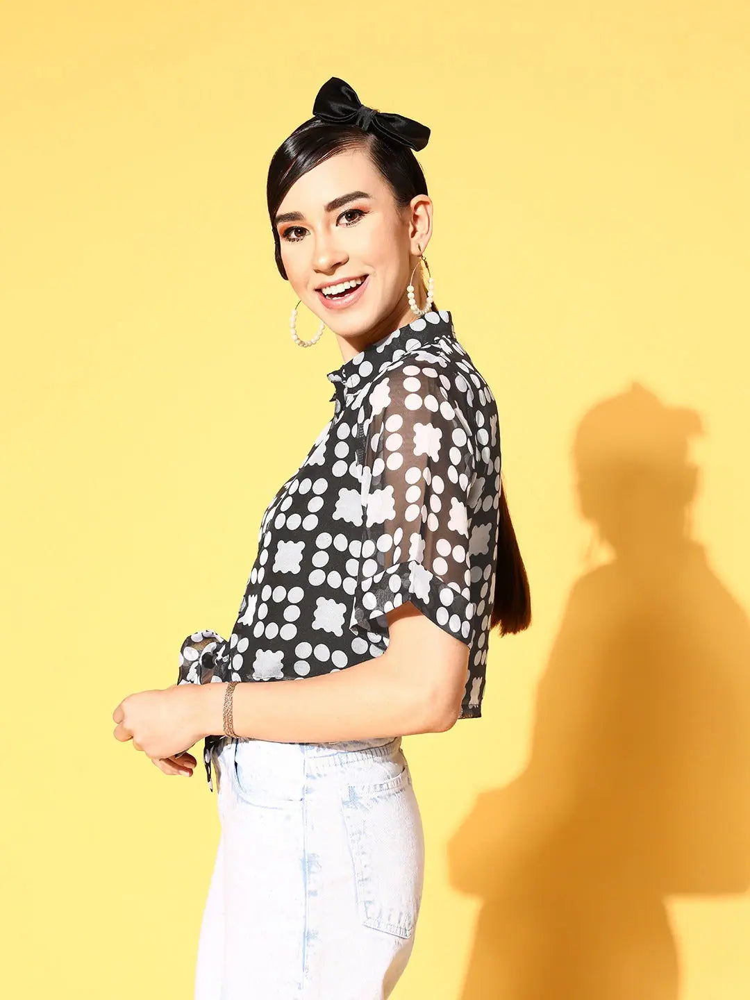 Black Dot Print Crop Top: Women's Tie-Knot Organza Top
