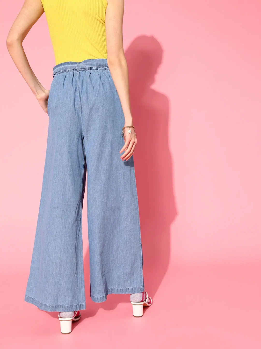 Ice Blue Denim Flared Pants: Women's Belted Comfort Fit Jeans