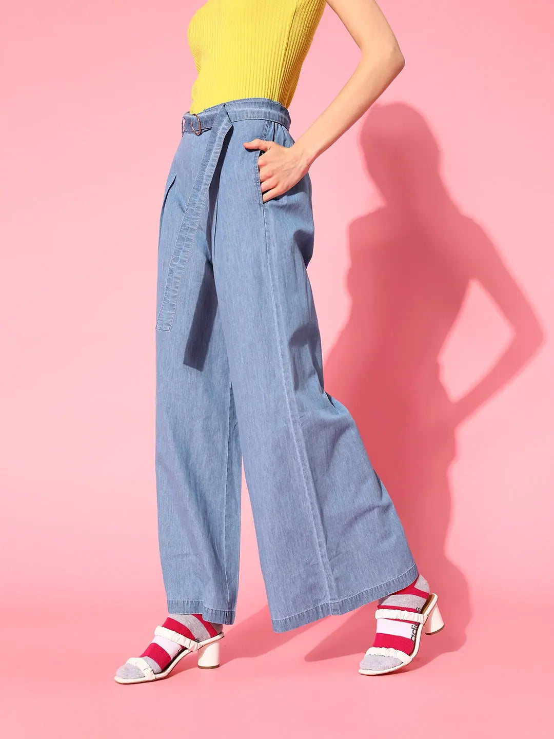 Ice Blue Denim Flared Pants: Women's Belted Comfort Fit Jeans