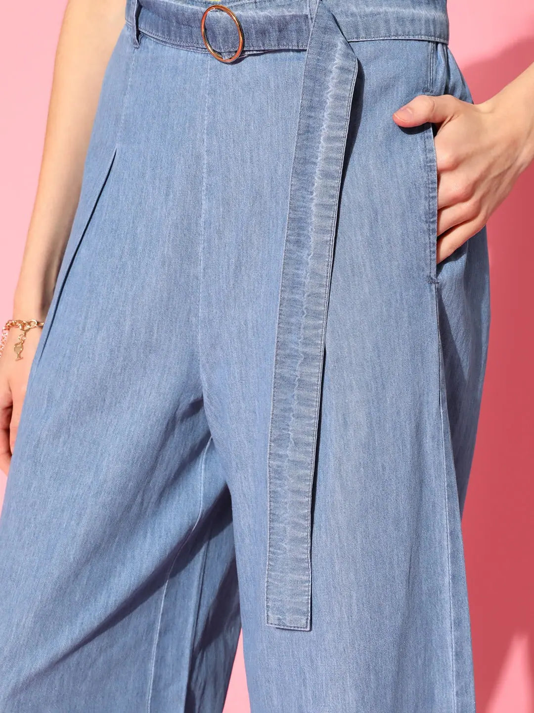 Ice Blue Denim Flared Pants: Women's Belted Comfort Fit Jeans
