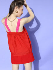 Women Red Contrast Straps Gathered Top