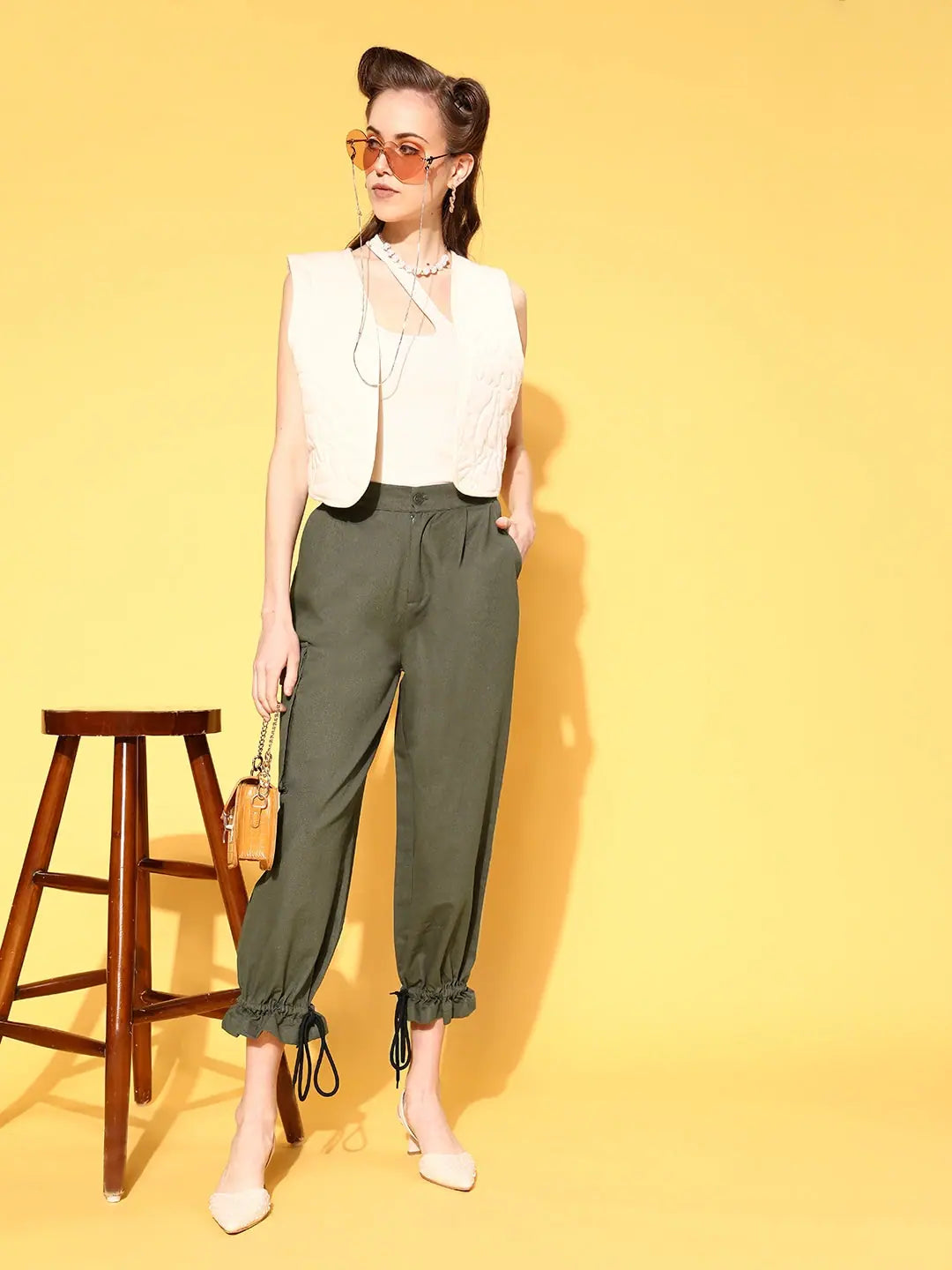 Olive Cargo Pants - Women's Cotton Twill Pants with Pockets