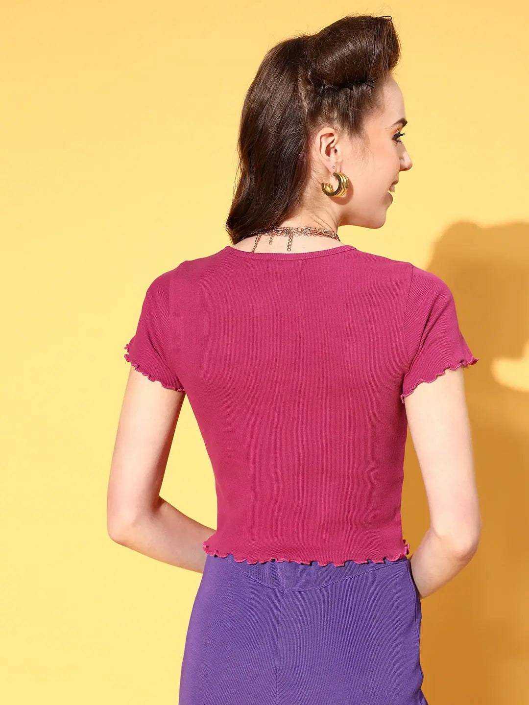 Fuchsia Rib T-Shirt - Women's Cotton Crop Top with Picoting