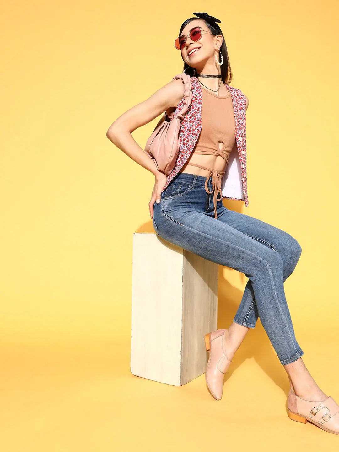Nude Tie-Up Crop Top - Women's Slim Fit Cotton Ribbed Top