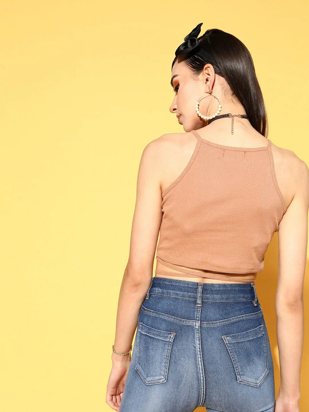 Nude Tie-Up Crop Top - Women's Slim Fit Cotton Ribbed Top