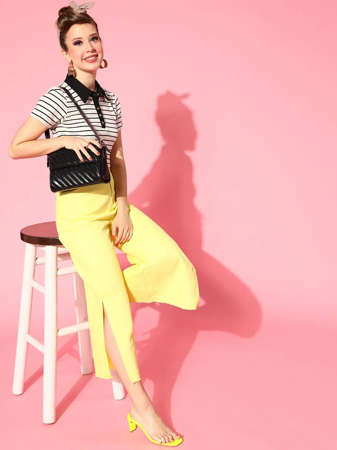 Striped Crop Polo T-Shirt - Women's Black & White Ribbed Top