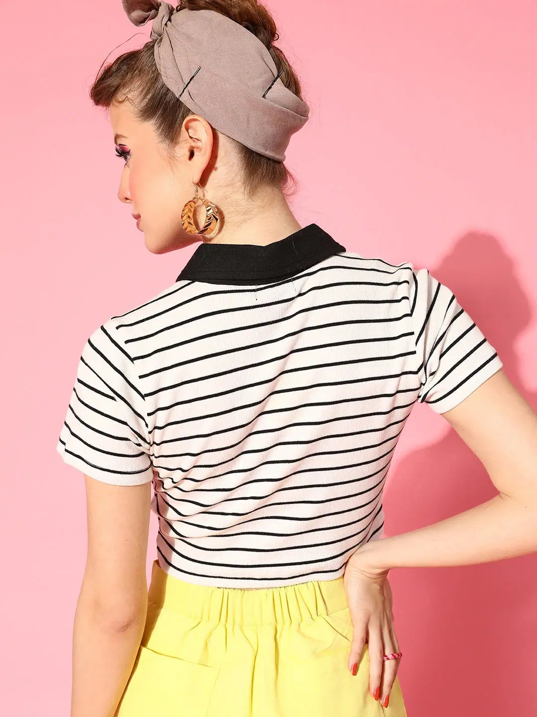 Striped Crop Polo T-Shirt - Women's Black & White Ribbed Top