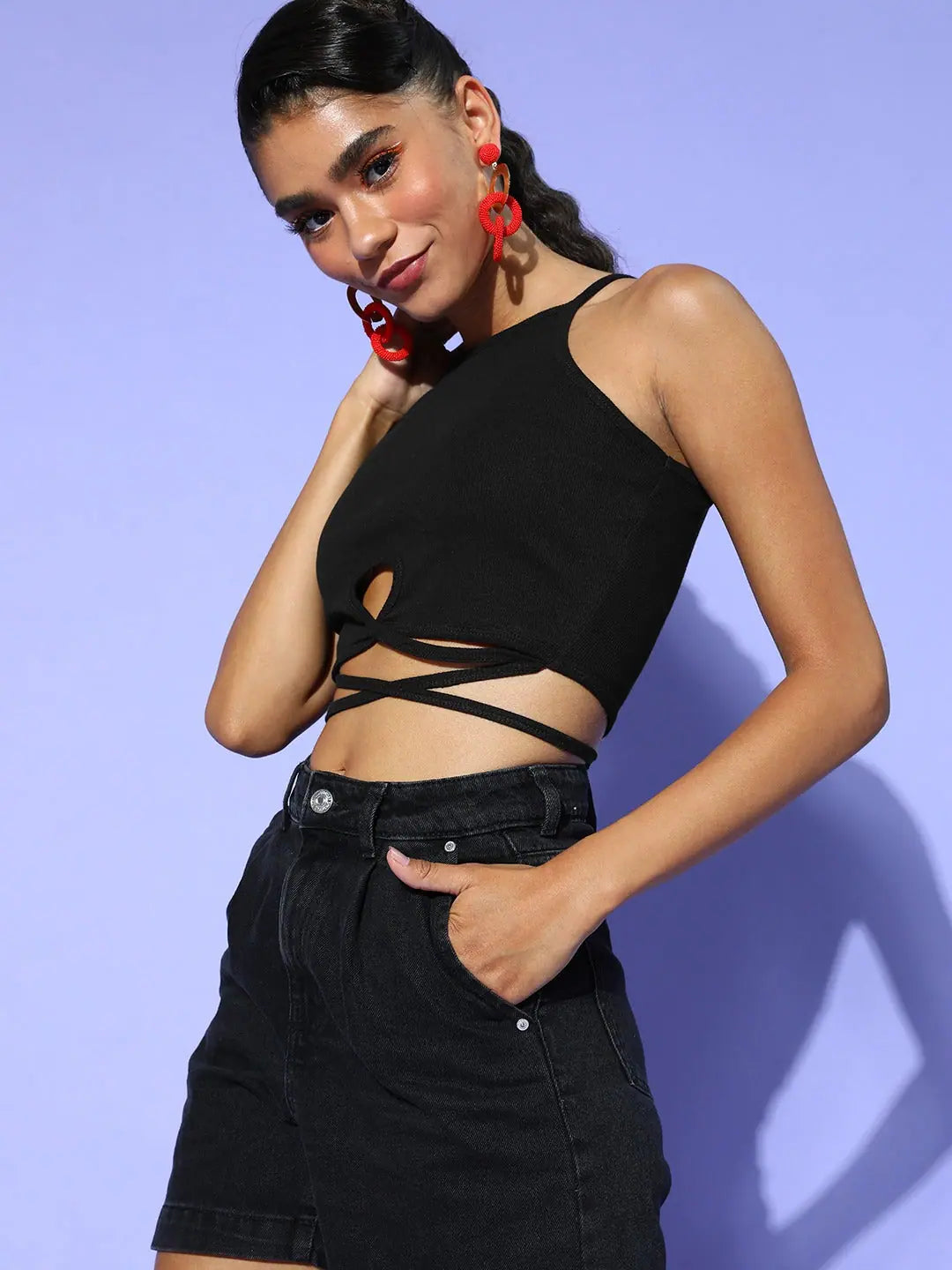 Black Tie-Up Crop Top - Women's Cotton Ribbed Slim Fit Top