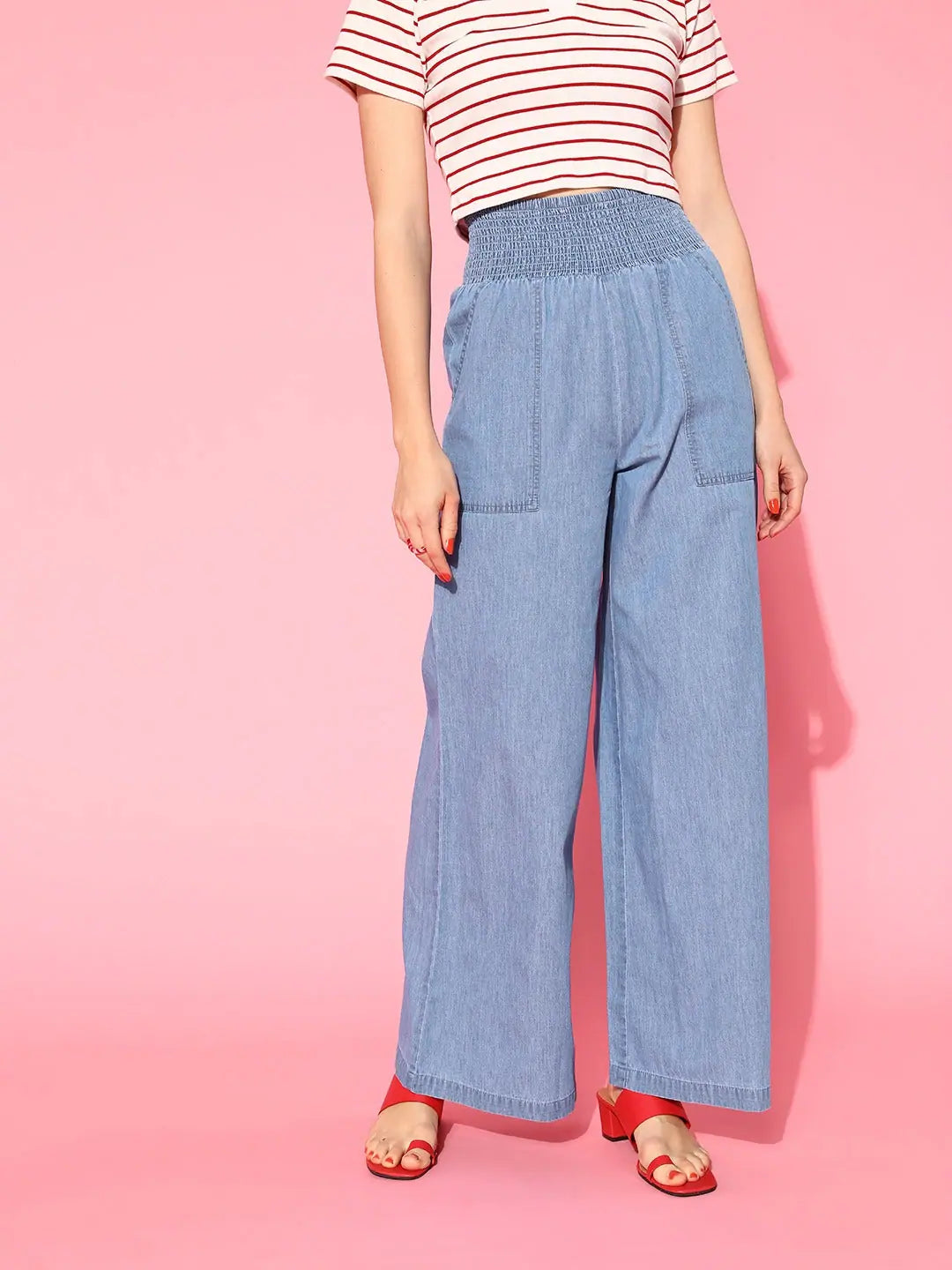 Ice Blue Denim Flared Pants | Women's Lehenga Look