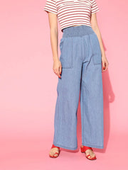 Women Ice Blue Denim Smocking Waist Flared Pants