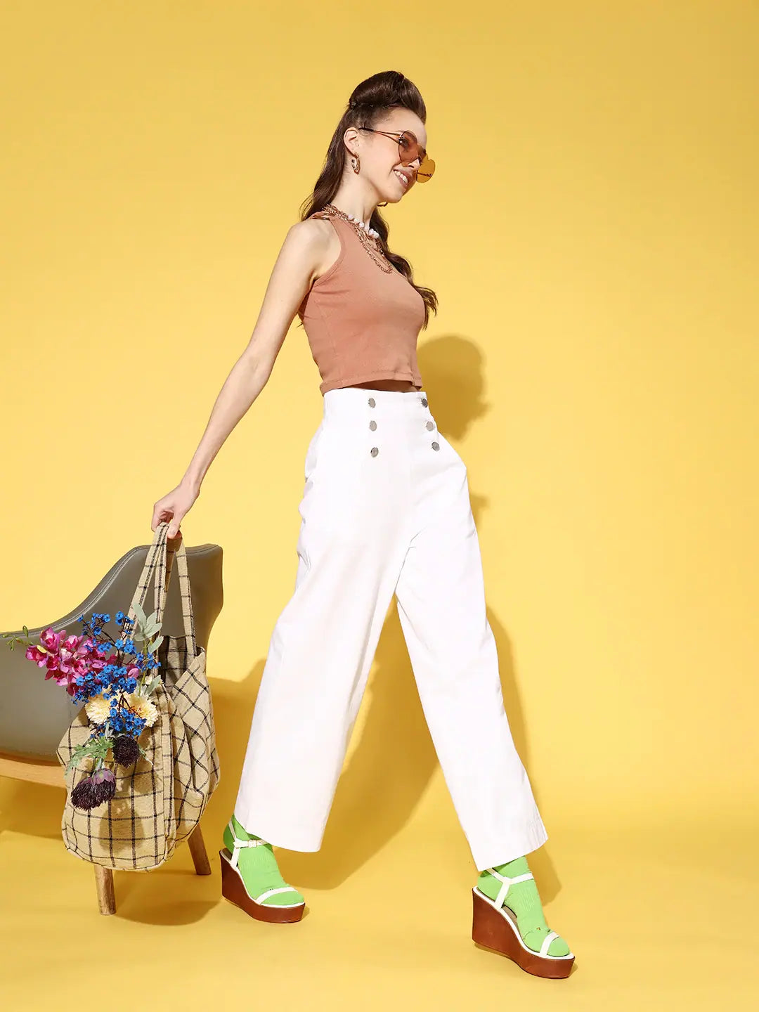 White Cotton Twill Straight Pants - Women's Western Wear