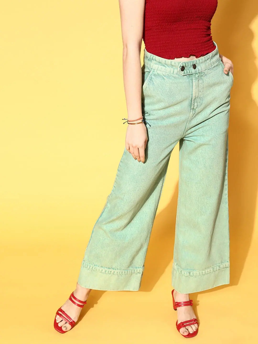 Sea Green Wide Leg Jeans - Stylish Women's Western Wear