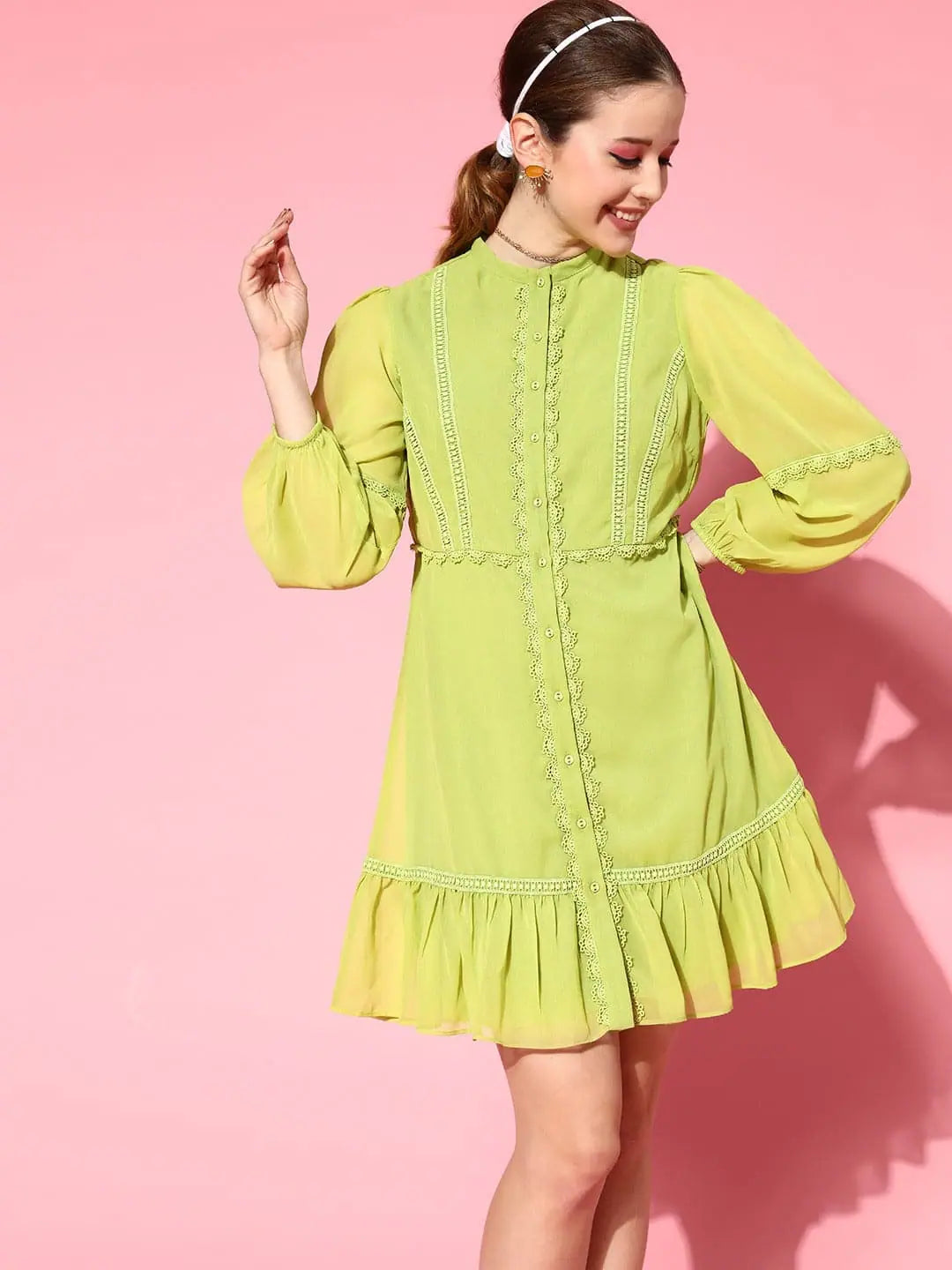 Green Lace Detail Dress | Fit & Flare Women's Polyester Dress Green Lace Detail Dress | Fit & Flare Women's Polyester Dress