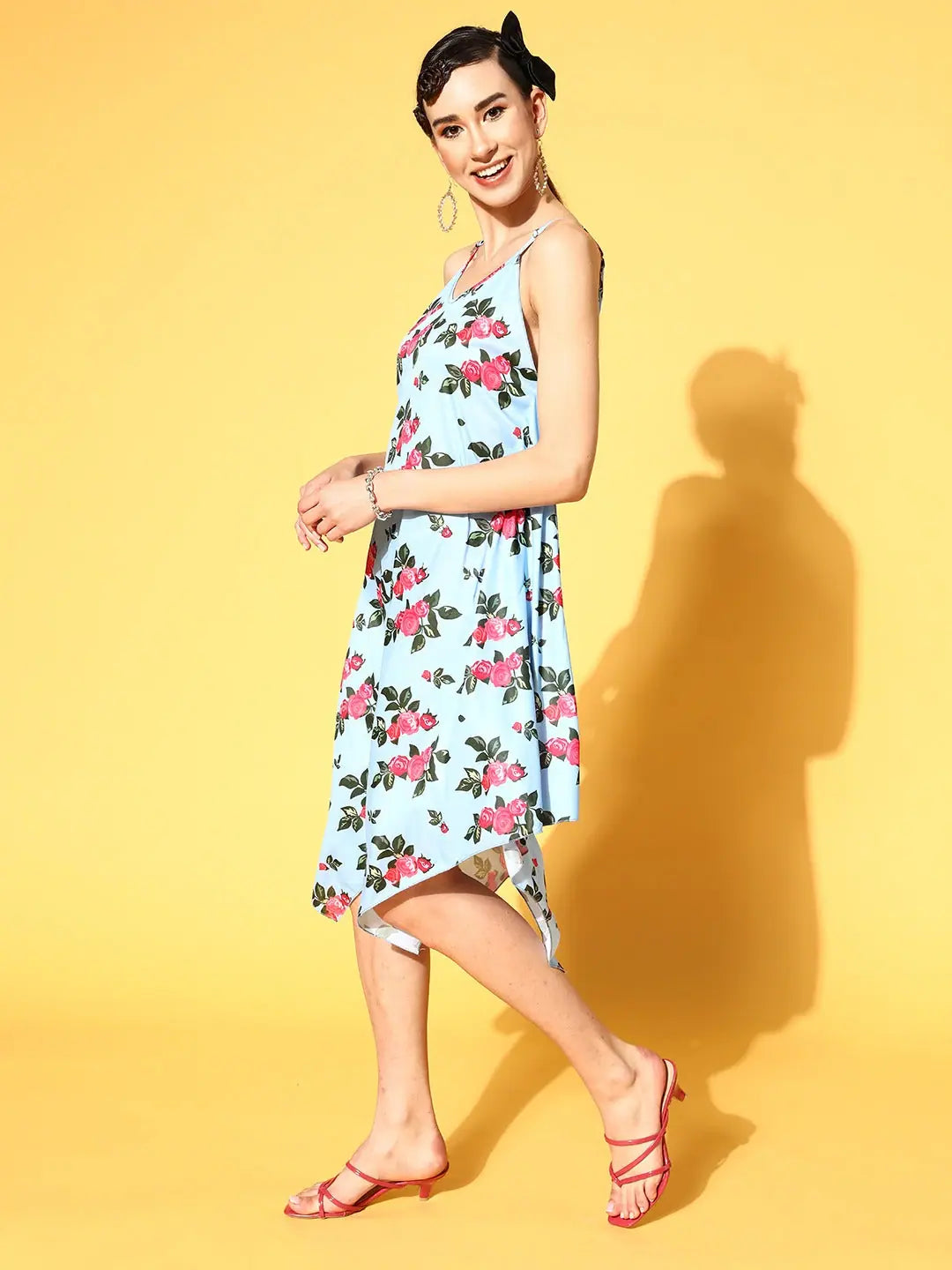 Floral Strappy Poncho Dress - Women's Blue Designer Dress