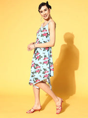 Women Blue Floral Strappy Poncho Dress