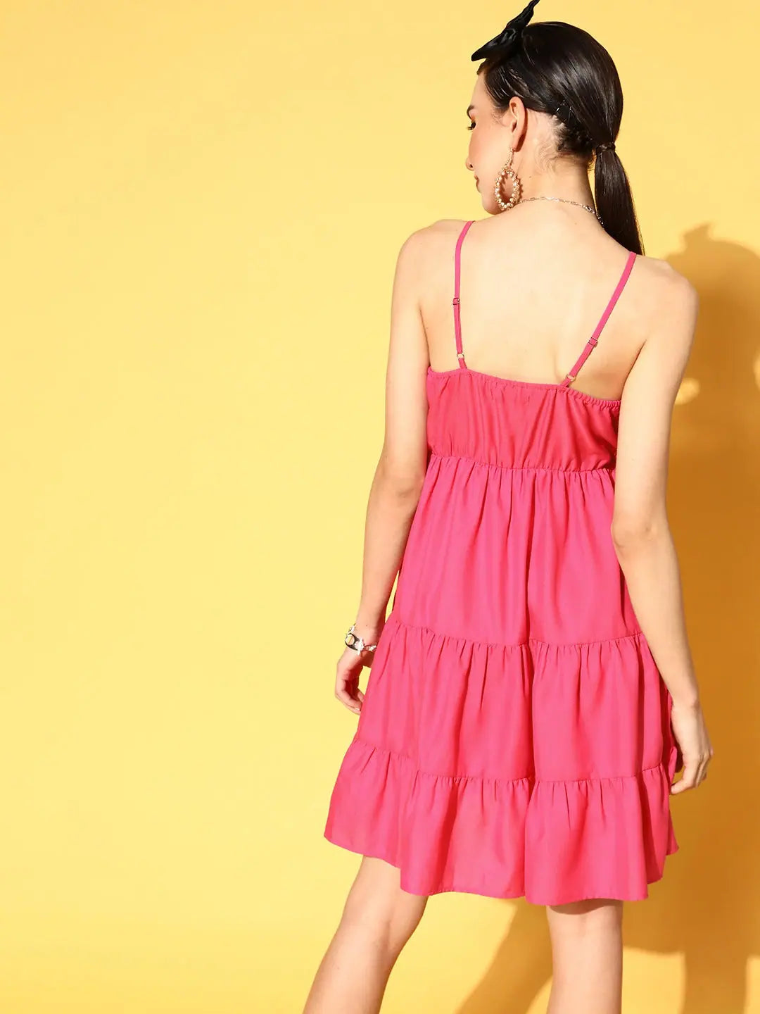 Fuchsia Strappy Tiered Dress | Women's Festive Polyester Dress