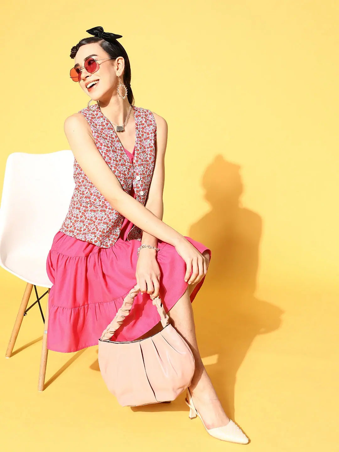 Fuchsia Strappy Tiered Dress | Women's Festive Polyester Dress