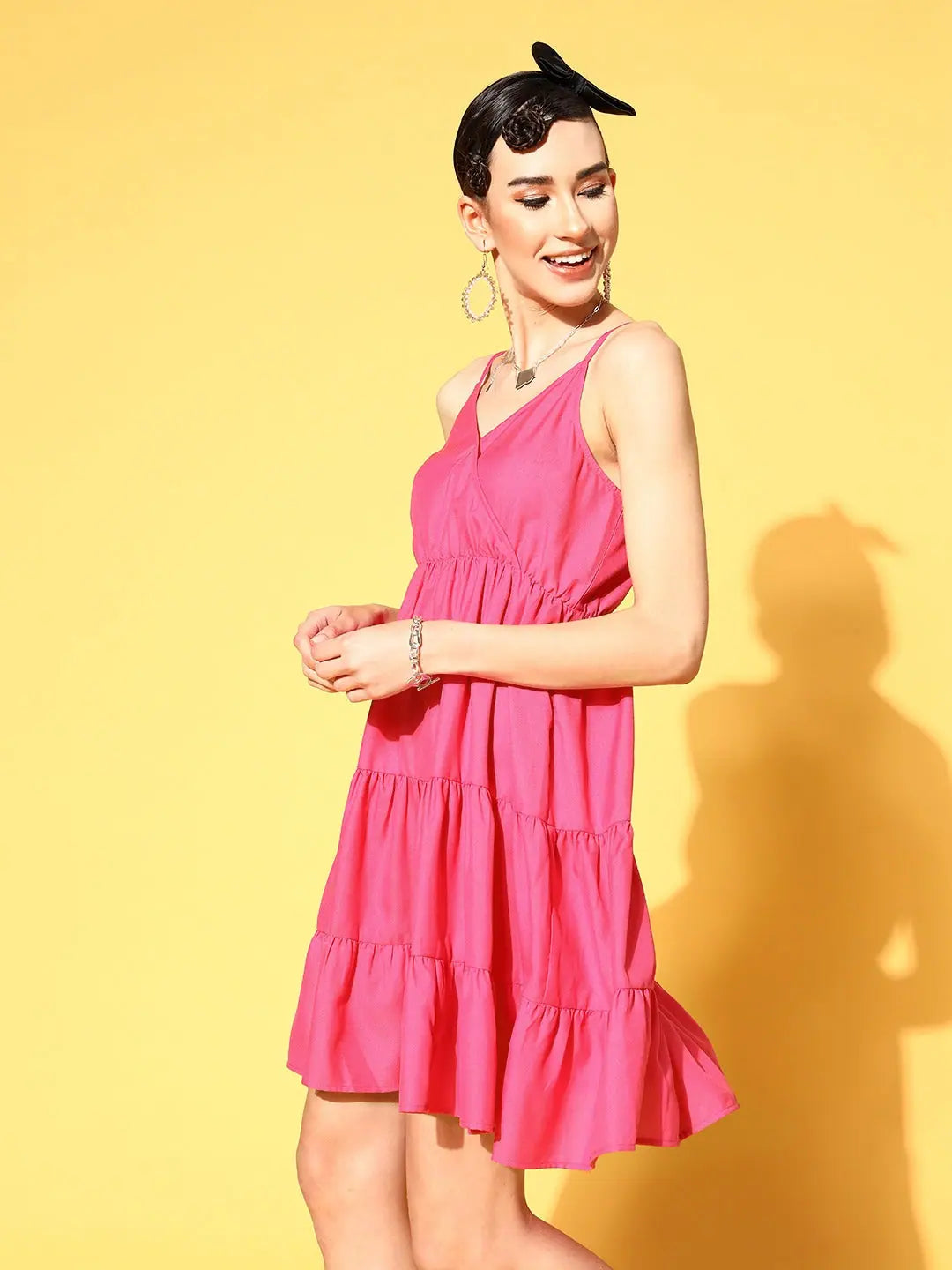Fuchsia Strappy Tiered Dress | Women's Festive Polyester Dress