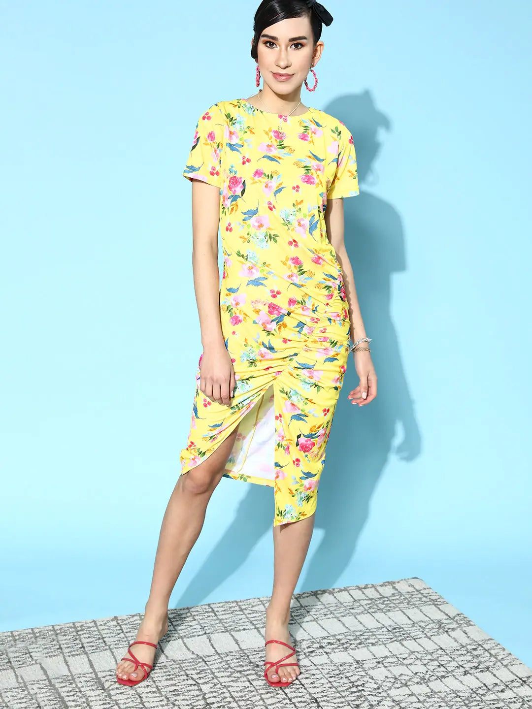 Women's Yellow Floral Ruched Dress - Designer Below Knee Dress