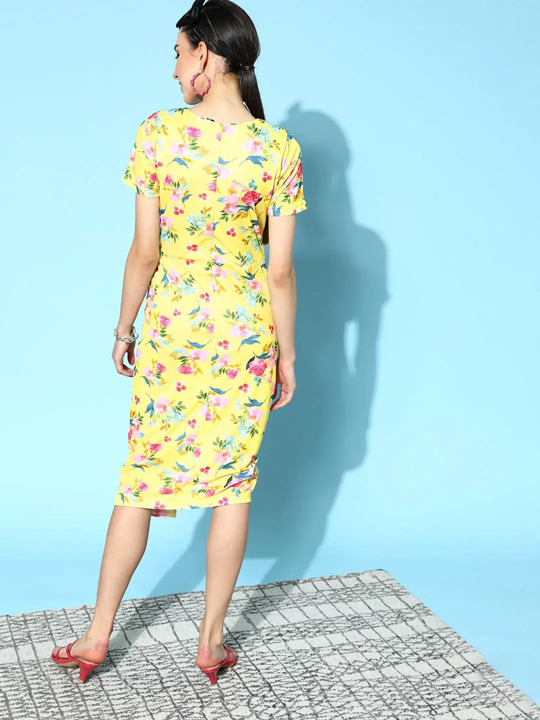 Women's Yellow Floral Ruched Dress - Designer Below Knee Dress