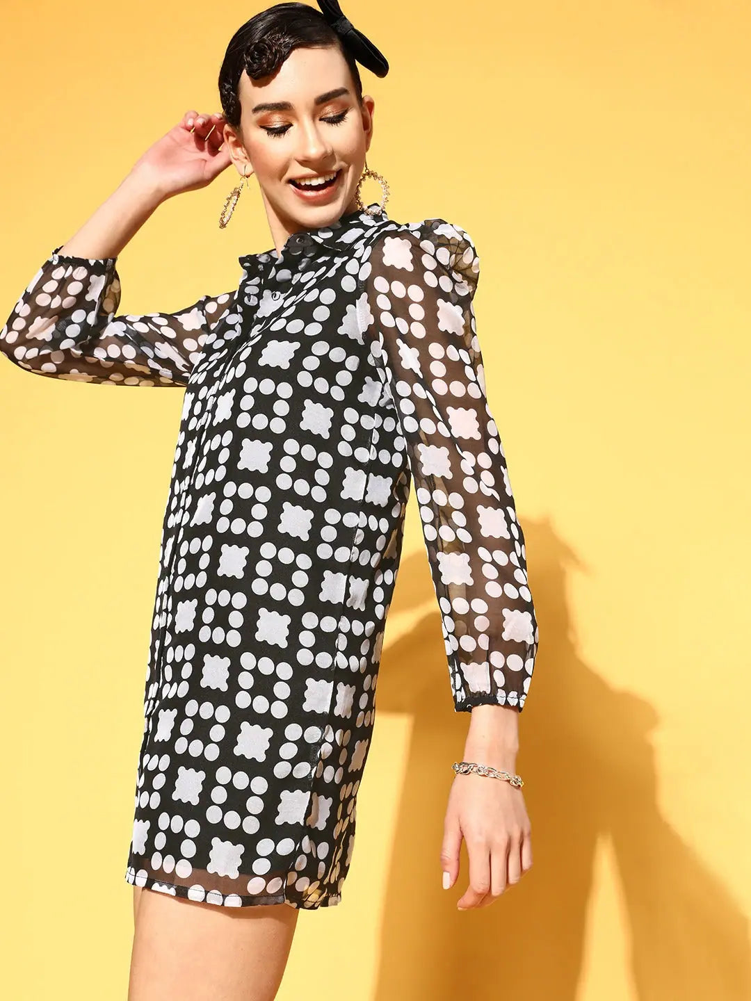 Black Dot Print Organza Shirt Dress - Women's Designer Dress