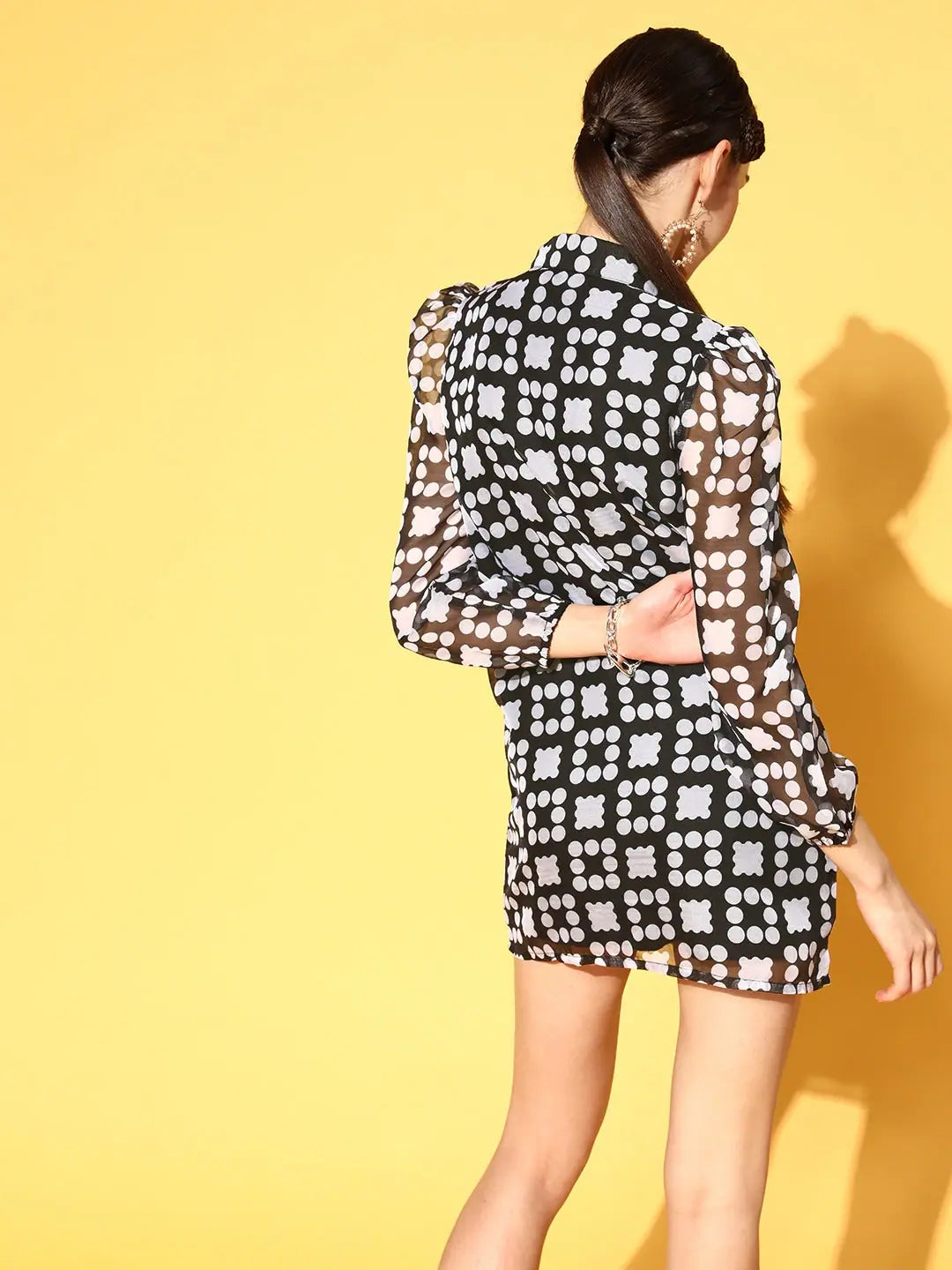 Black Dot Print Organza Shirt Dress - Women's Designer Dress