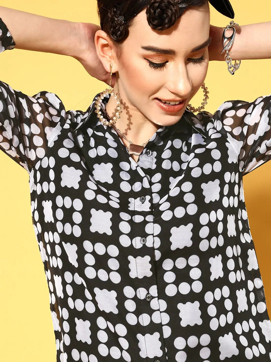 Black Dot Print Organza Shirt Dress - Women's Designer Dress