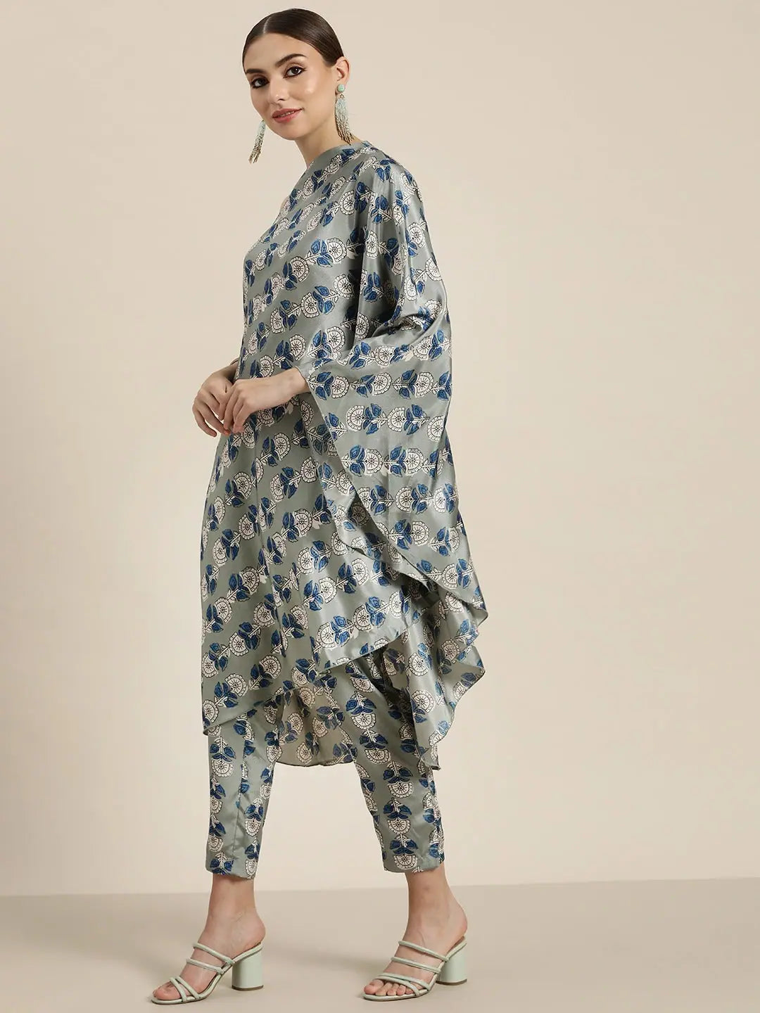 Grey Floral Kaftan Top - Women's Indian Top, Short Kurtis