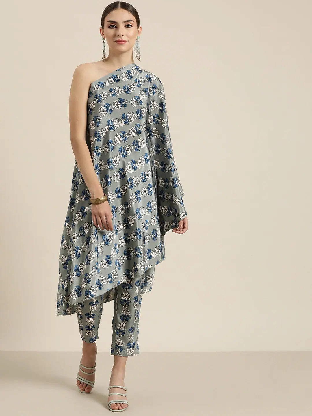 Grey Floral Kaftan Top - Women's Indian Top, Short Kurtis