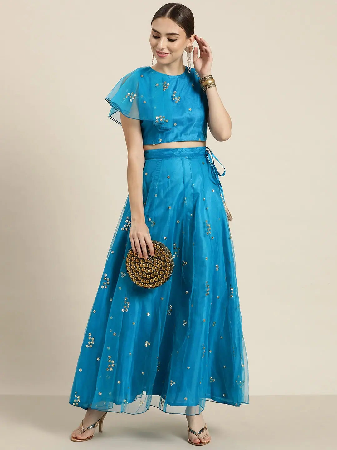 Teal Sequin Crop Top - Ruffle Detail Party Wear